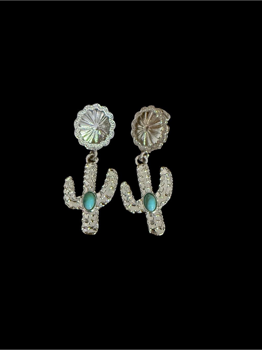 Silver-tone Cactus Drop Earrings with Turquoise Accent
